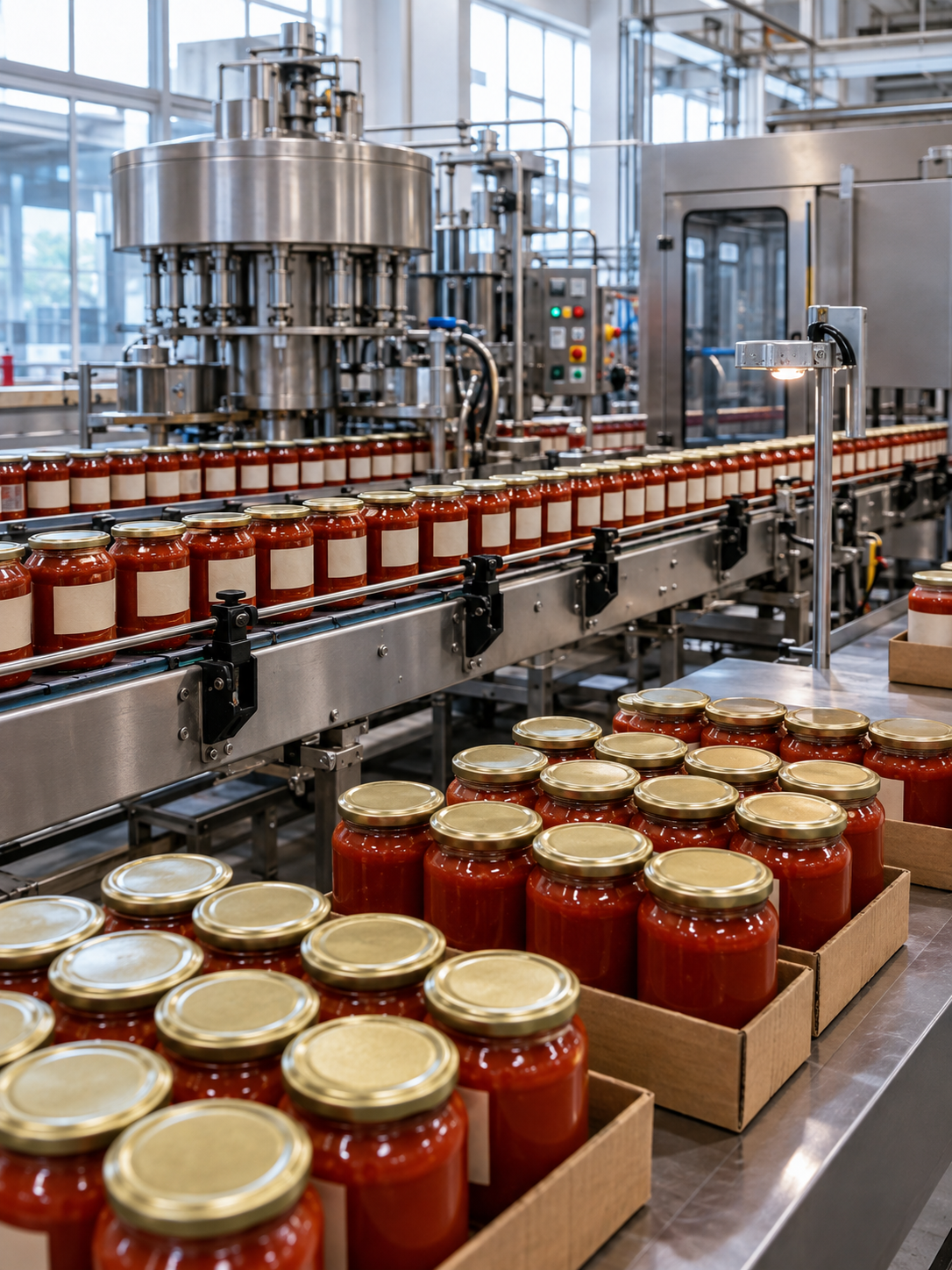 Sealed tomato sauce jars beside an industrial filling and case-packing line
