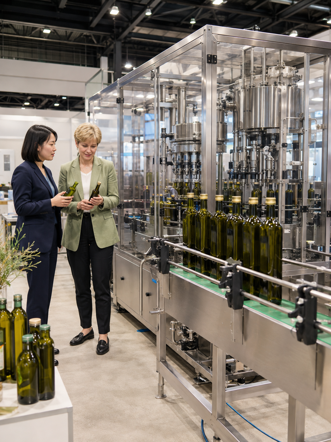 Two businesswomen discussing an olive oil filling line at a food technology trade fair